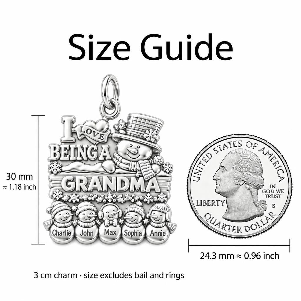 Snowman Family Gathering Charm Bracelet – Personalized Grandma Gift – size guide, 2 cm charm next to a quarter