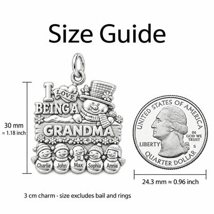 Snowman Family Gathering Charm Bracelet – Personalized Grandma Gift – size guide, 2 cm charm next to a quarter
