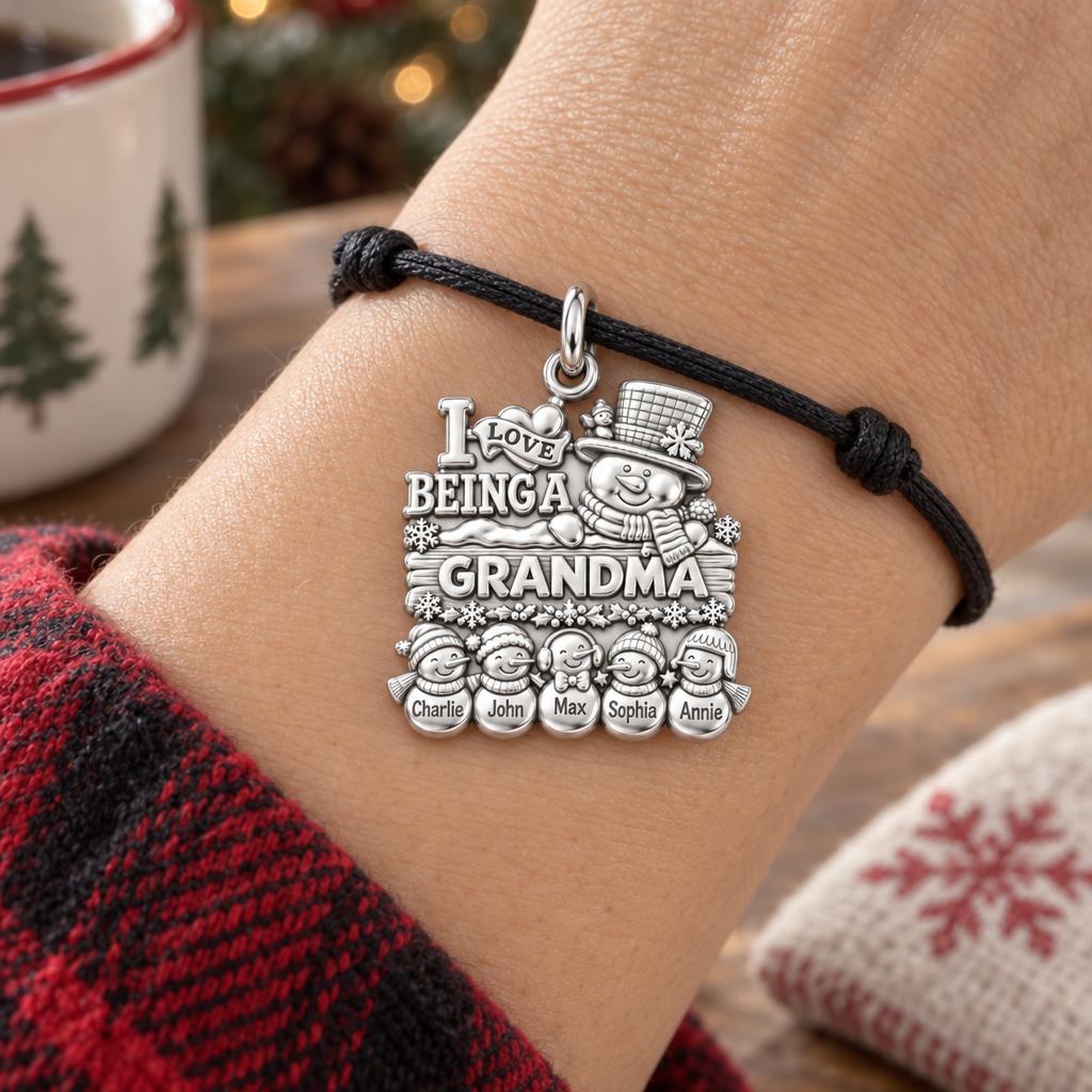 Snowman Family Gathering Charm Bracelet – Personalized Grandma Gift – worn on the wrist on a black cord bracelet