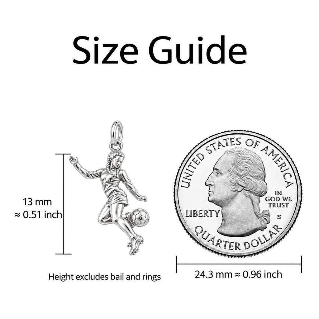 Soccer Girl in Motion Charm Bracelet – Personalized Athlete Gift – size guide, 13 mm charm next to a quarter