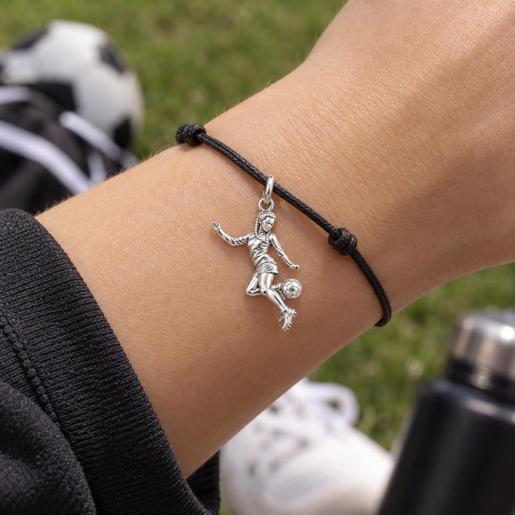 Soccer Girl in Motion Charm Bracelet – Personalized Athlete Gift – worn on the wrist on a black cord bracelet