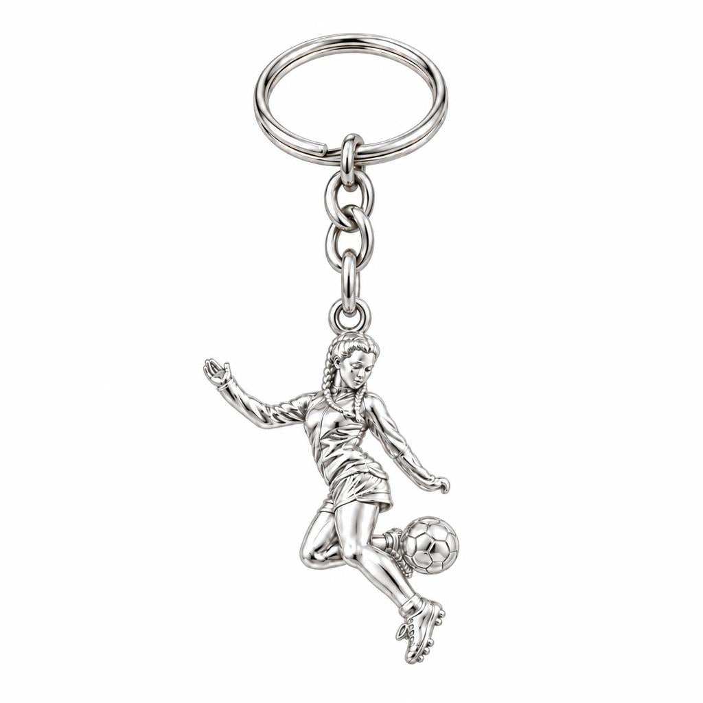 Soccer Girl in Motion Charm Keychain – silver, front view