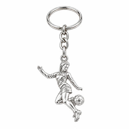 Soccer Girl in Motion Charm Keychain – silver, front view