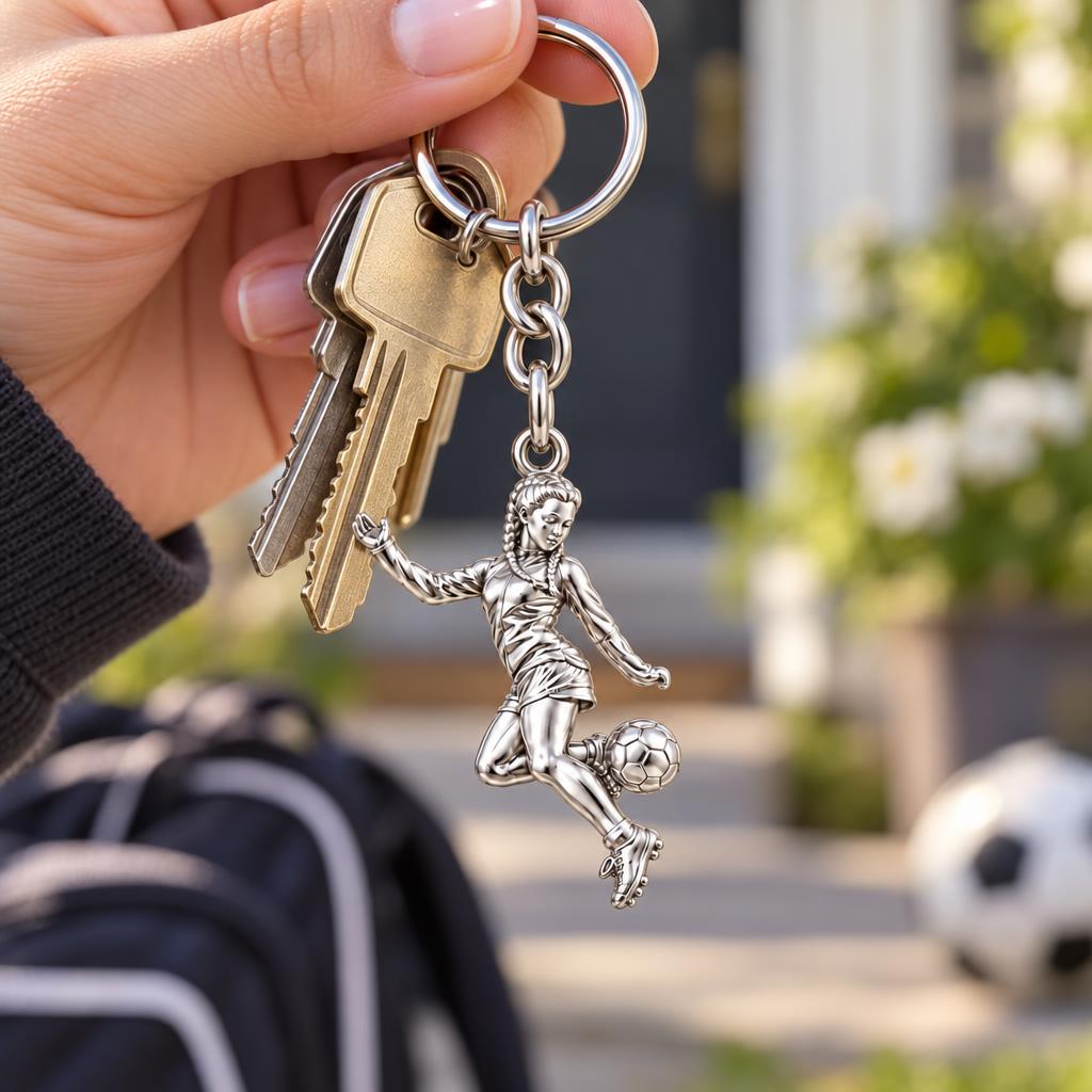 Soccer Girl in Motion Charm Keychain – worn / in use