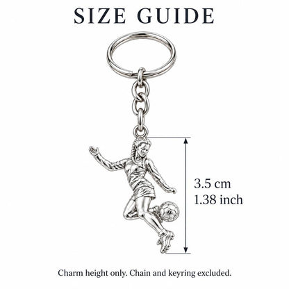 Soccer Girl in Motion Charm Keychain – size guide, 3.5 cm (1.38 in) charm, chain and keyring excluded