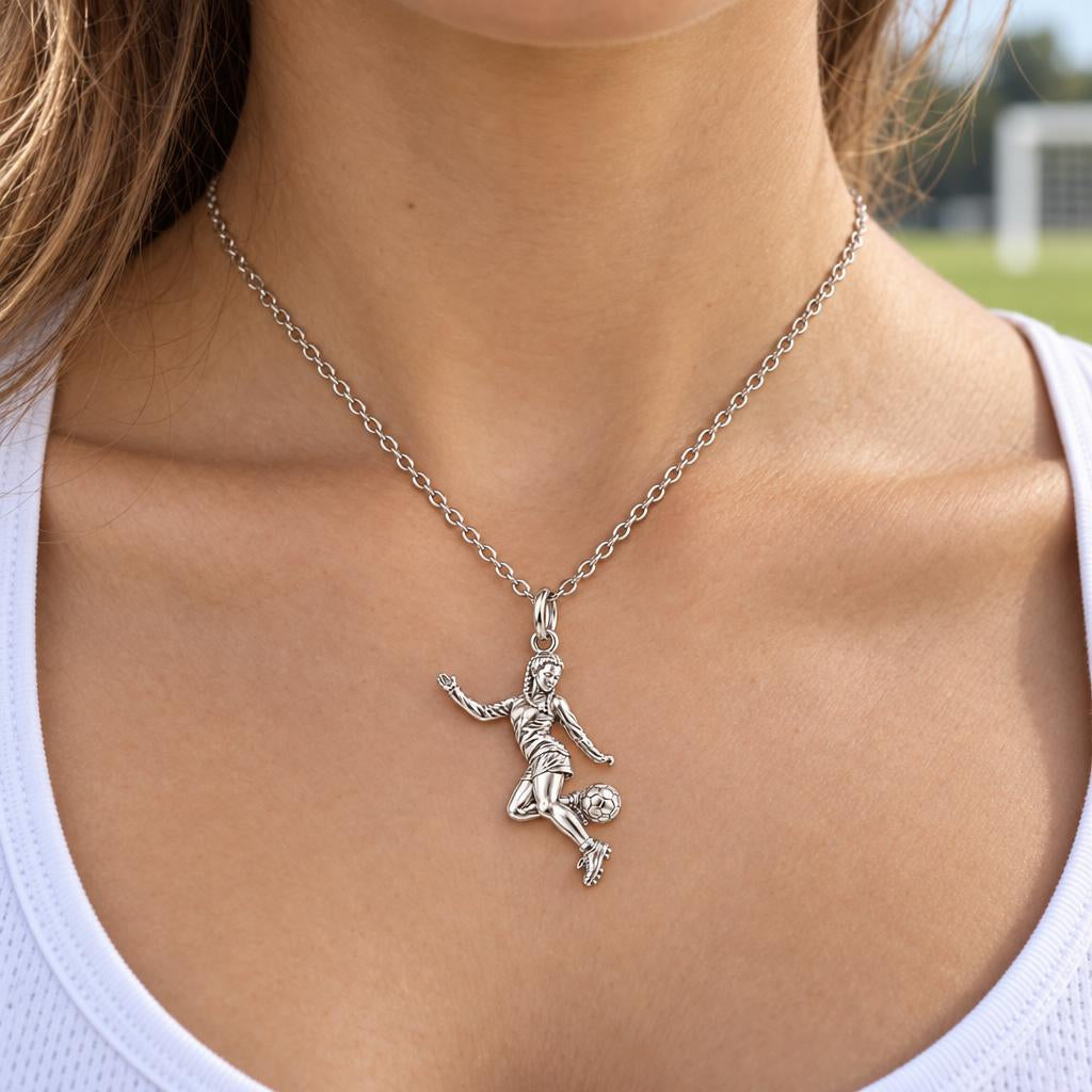 Soccer Girl in Motion Charm Necklace Set – worn / in use
