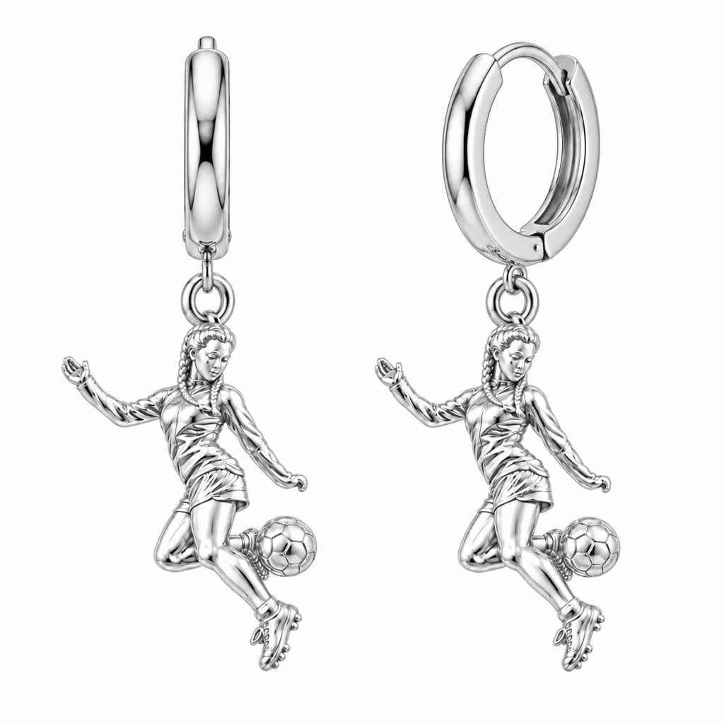Soccer Girl in Motion Huggie Charm Earrings – silver, front view