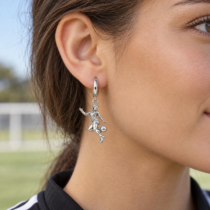 Soccer Girl in Motion Huggie Charm Earrings – worn / in use