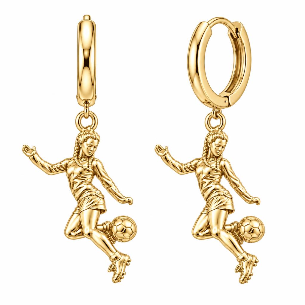 Soccer Girl in Motion Huggie Charm Earrings – 18K gold, front view