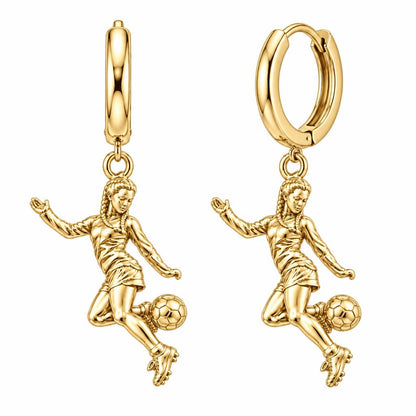 Soccer Girl in Motion Huggie Charm Earrings – 18K gold, front view
