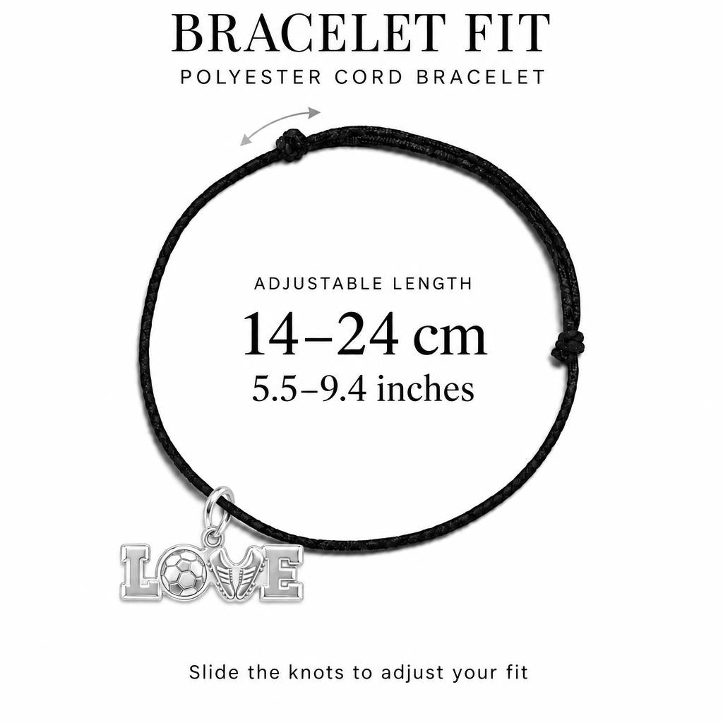 Soccer Love Playmaker Charm Bracelet – Personalized Athlete Gift – adjustable black cord bracelet, 14–24 cm