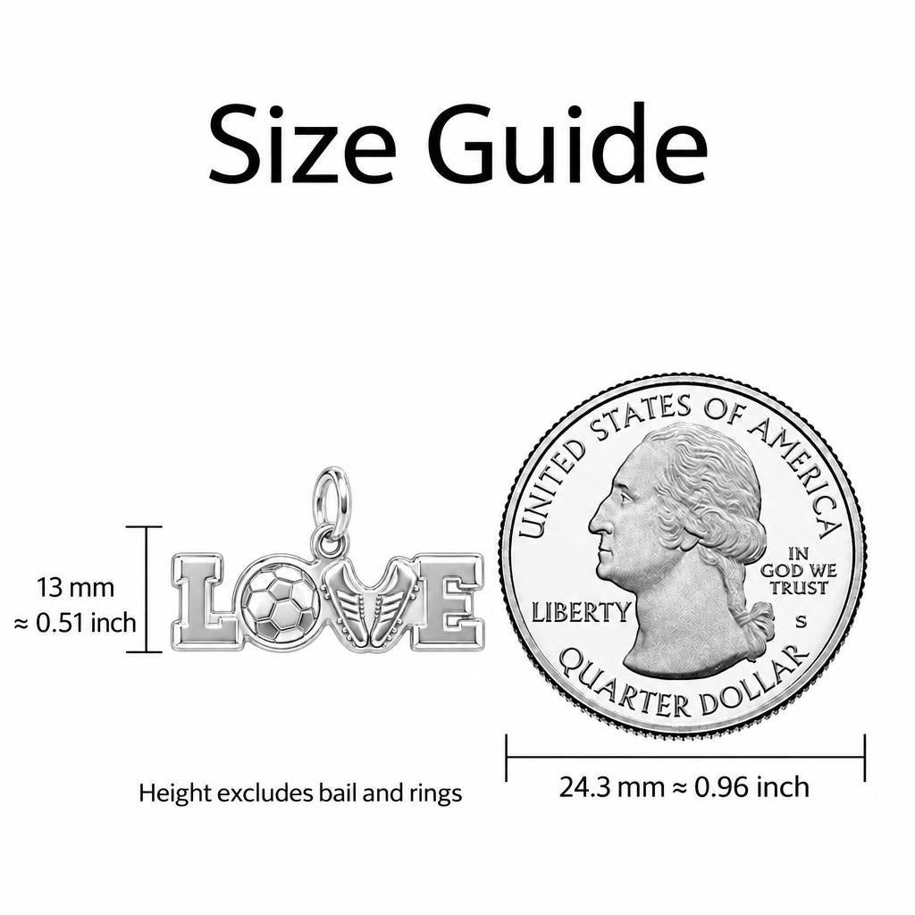 Soccer Love Playmaker Charm Bracelet – Personalized Athlete Gift – size guide, 13 mm charm next to a quarter