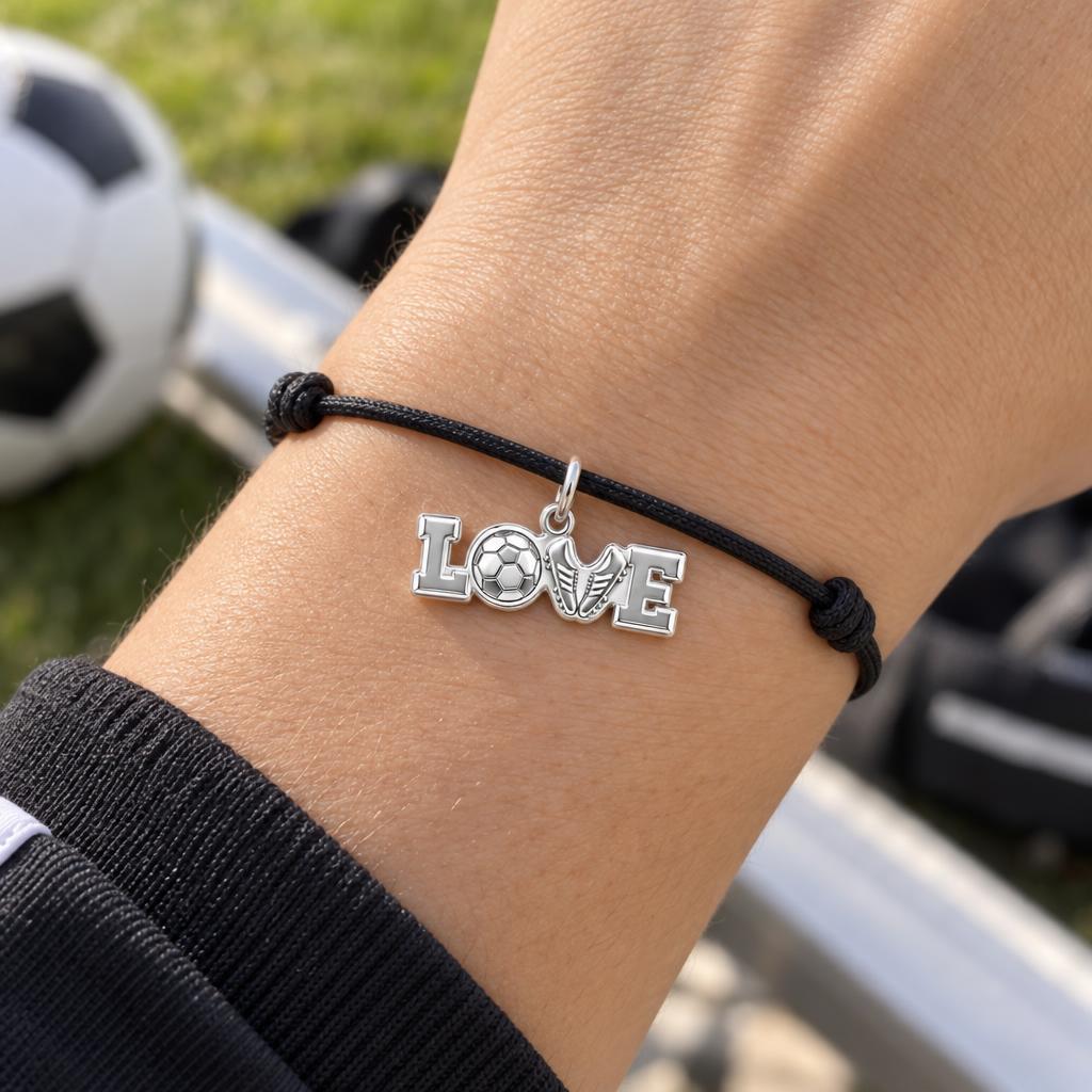 Soccer Love Playmaker Charm Bracelet – Personalized Athlete Gift – worn on the wrist on a black cord bracelet