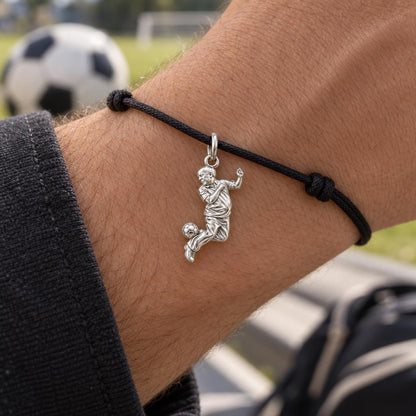 Soccer Star Legend Charm Bracelet – Personalized Dad Gift – worn on the wrist on a black cord bracelet