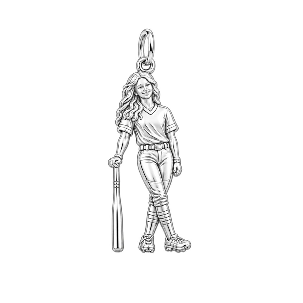 Softball Star Player Charm Bracelet – Personalized Mom Gift – silver charm, front view