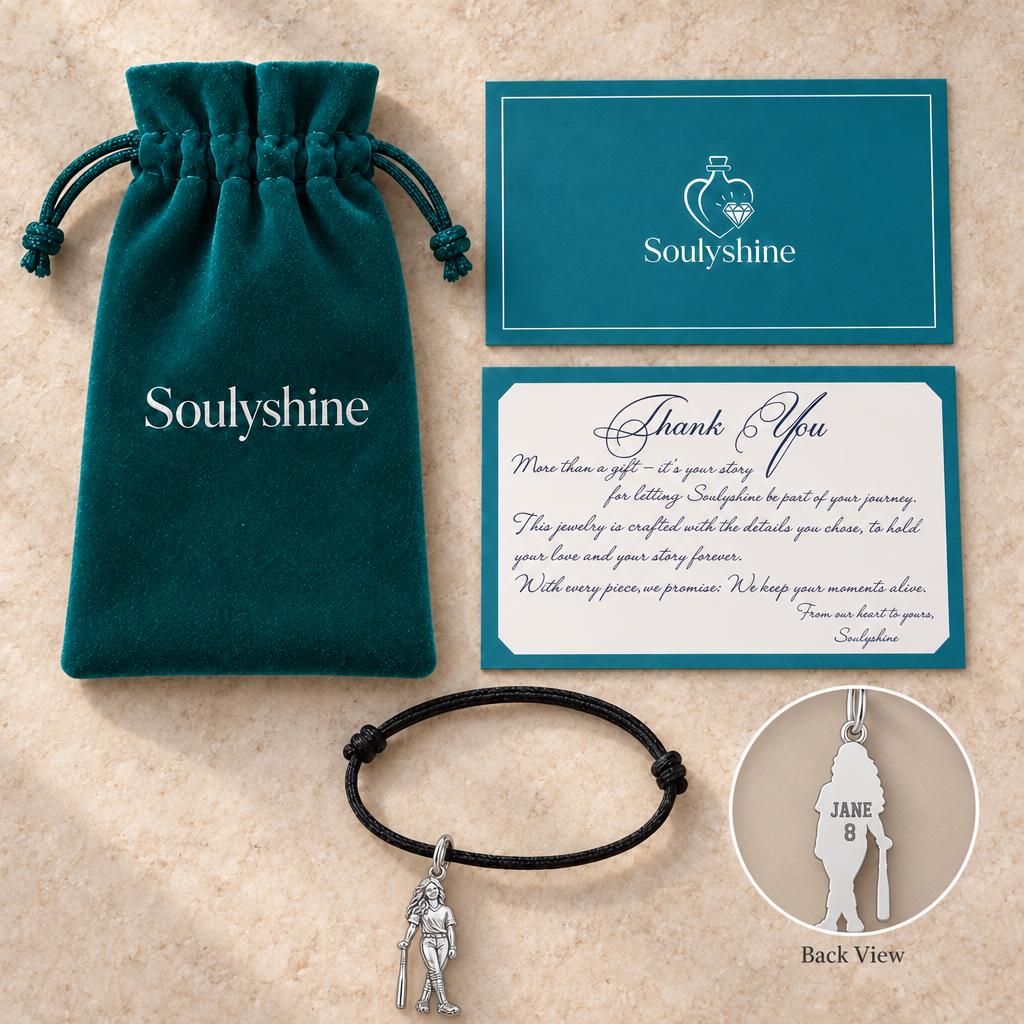 Softball Star Player Charm Bracelet – Personalized Mom Gift – Soulyshine velvet pouch and gift card