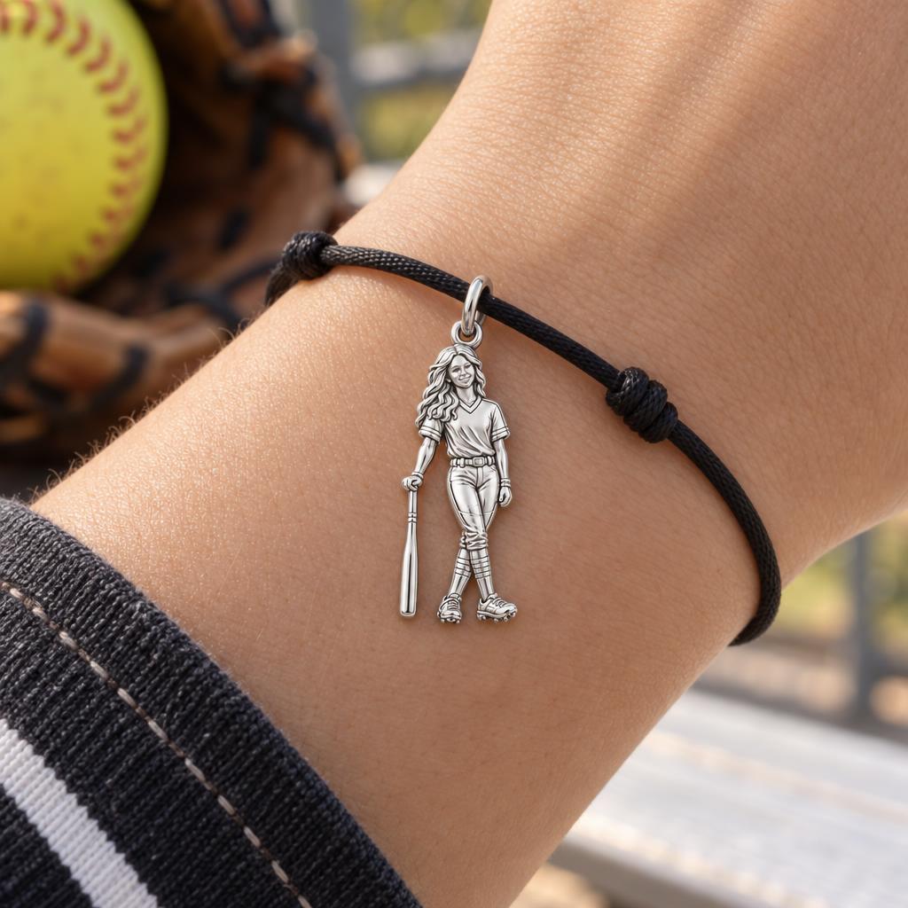 Softball Star Player Charm Bracelet – Personalized Mom Gift – worn on the wrist on a black cord bracelet