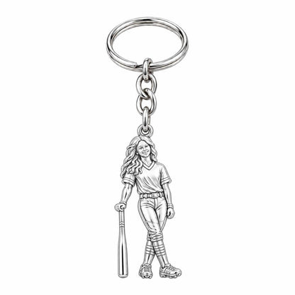 Softball Star Player Charm Keychain – silver, front view