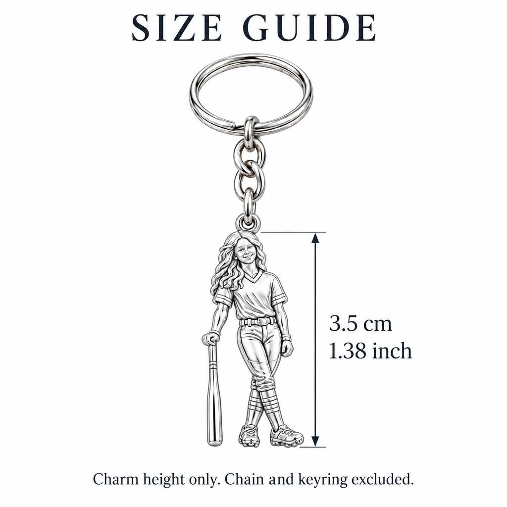 Softball Star Player Charm Keychain – size guide, 3.5 cm (1.38 in) charm, chain and keyring excluded