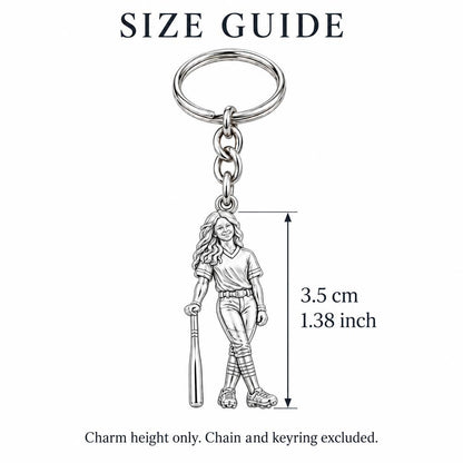 Softball Star Player Charm Keychain – size guide, 3.5 cm (1.38 in) charm, chain and keyring excluded