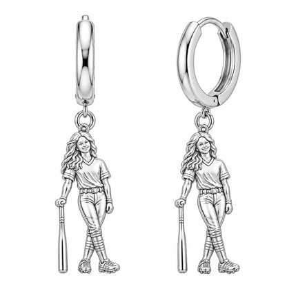 Softball Star Player Huggie Charm Earrings – silver, front view