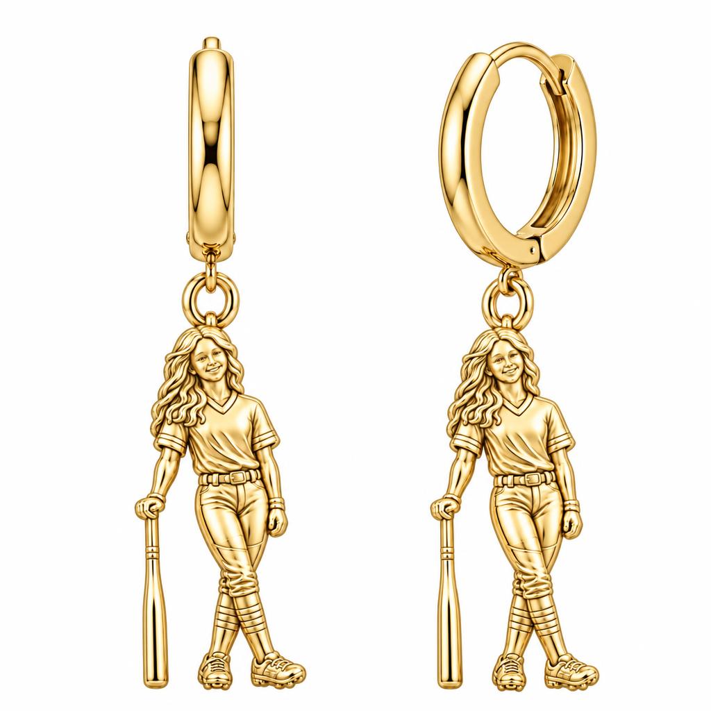 Softball Star Player Huggie Charm Earrings – 18K gold, front view