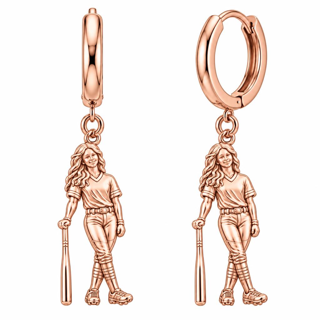 Softball Star Player Huggie Charm Earrings – rose gold, front view