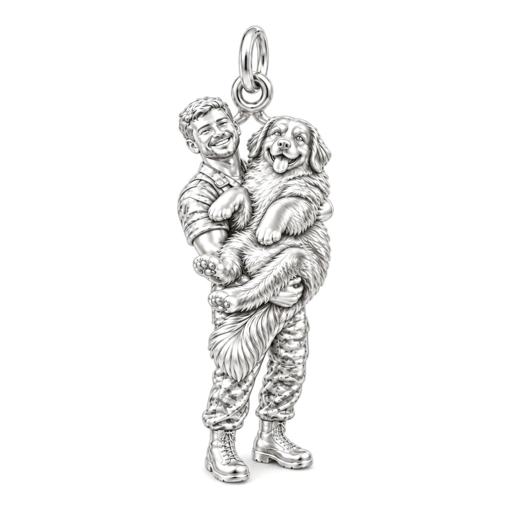 Soldier Cuddling Big Dog Charm Bracelet – Personalized Veteran Gift – silver charm, front view