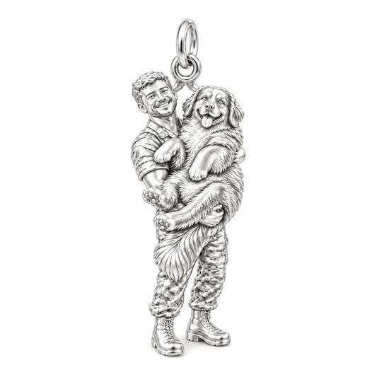 Soldier Cuddling Big Dog Charm Bracelet – Personalized Veteran Gift – silver charm, front view