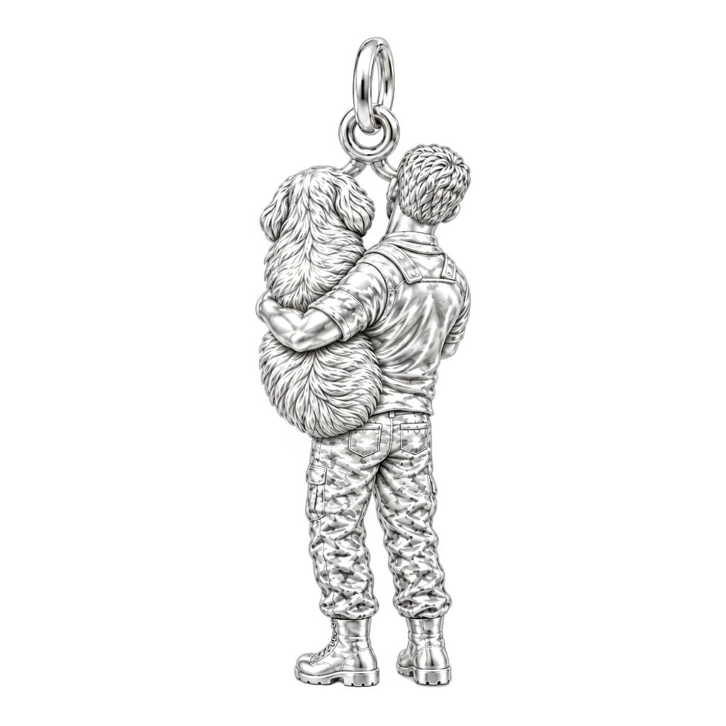 Soldier Cuddling Big Dog Charm Bracelet – Personalized Veteran Gift – back of the charm, engraving area