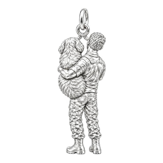 Soldier Cuddling Big Dog Charm Bracelet – Personalized Veteran Gift – back of the charm, engraving area