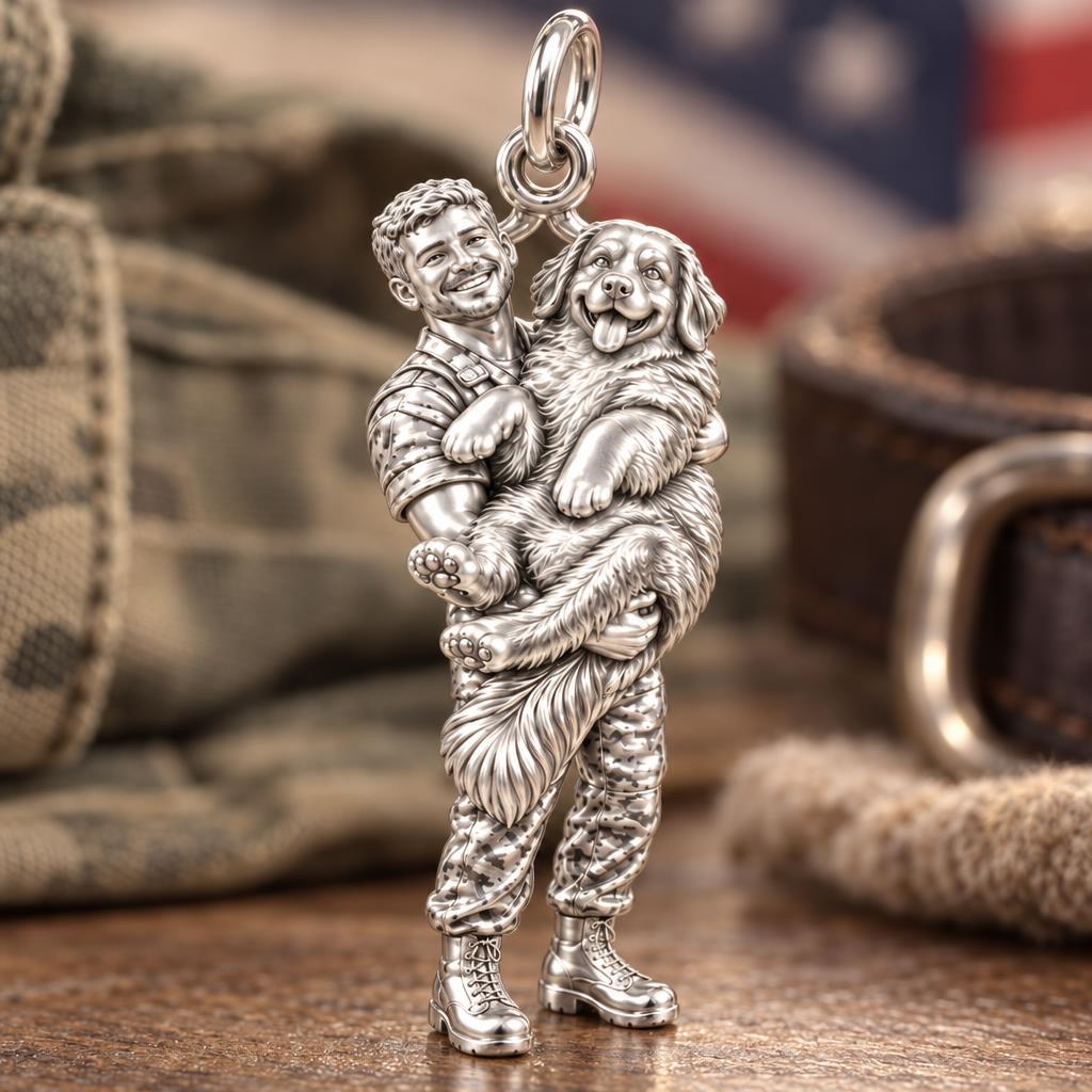 Soldier Cuddling Big Dog Charm Bracelet – Personalized Veteran Gift – macro detail of the charm