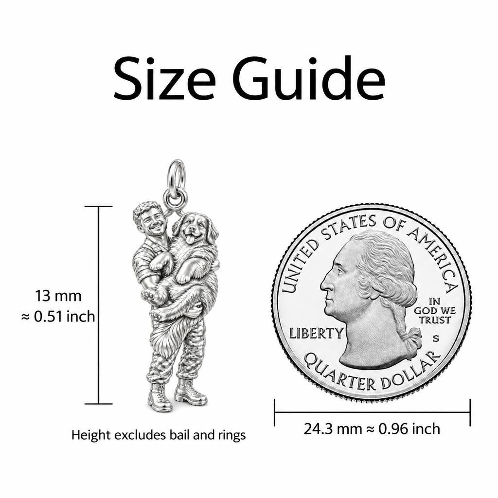 Soldier Cuddling Big Dog Charm Bracelet – Personalized Veteran Gift – size guide, 13 mm charm next to a quarter