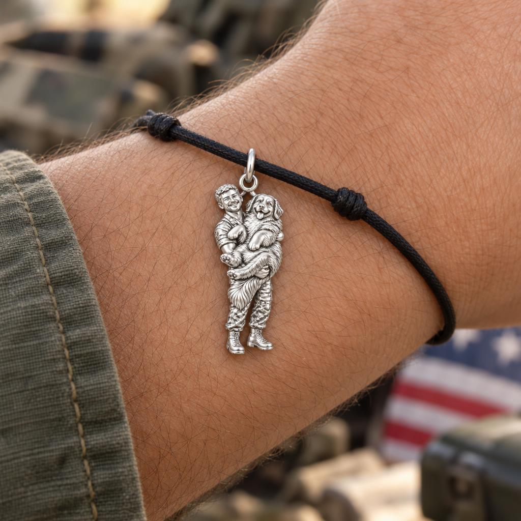 Soldier Cuddling Big Dog Charm Bracelet – Personalized Veteran Gift – worn on the wrist on a black cord bracelet