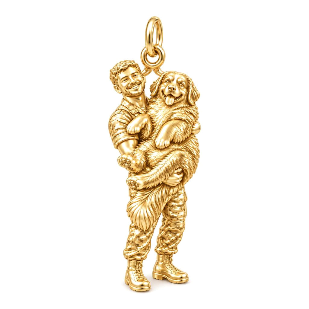 Soldier Cuddling Big Dog Charm Bracelet – Personalized Veteran Gift – 18K gold charm, front view