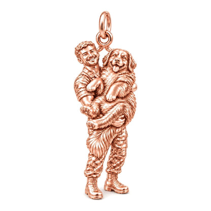 Soldier Cuddling Big Dog Charm Bracelet – Personalized Veteran Gift – rose gold charm, front view