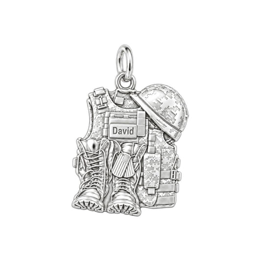 Soldier's Gear Tribute Charm Bracelet – Personalized Veteran Gift – silver charm, front view