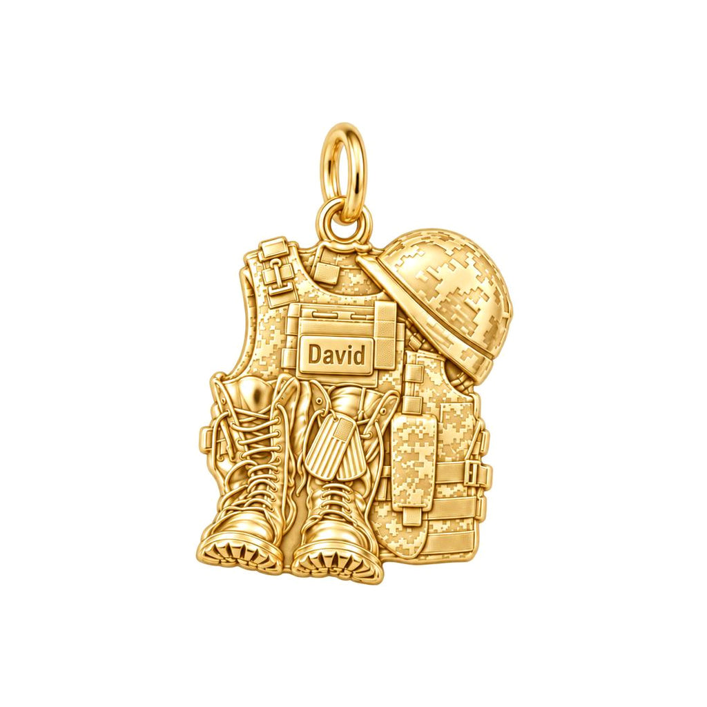 Soldier's Gear Tribute Charm Bracelet – Personalized Veteran Gift – 18K gold charm, front view