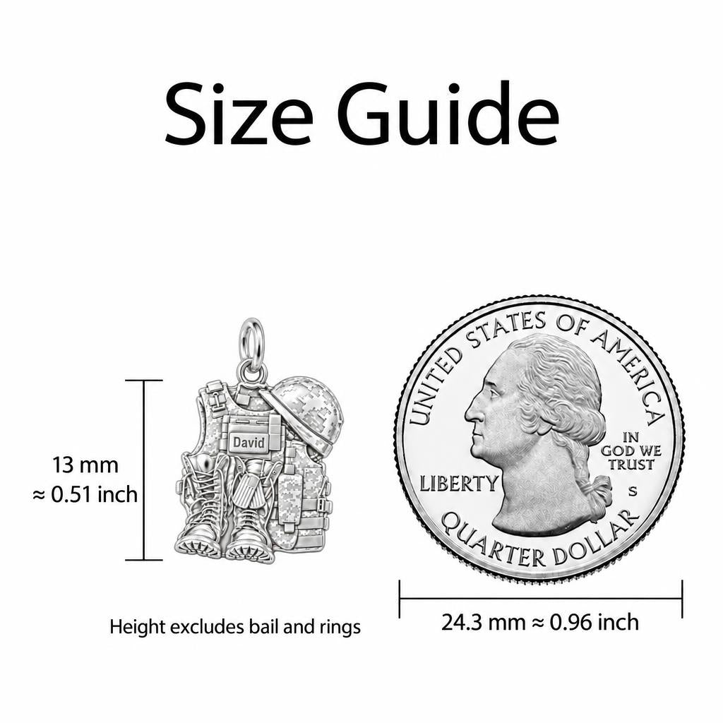 Soldier's Gear Tribute Charm Bracelet – Personalized Veteran Gift – size guide, 13 mm charm next to a quarter