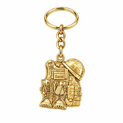 Soldier's Gear Tribute Charm Keychain – 18K gold, front view