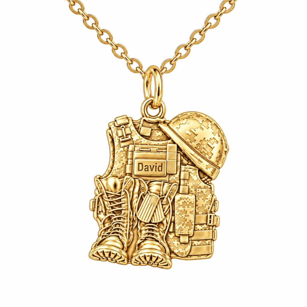 Soldier's Gear Tribute Charm Necklace Set – 18K gold, front view