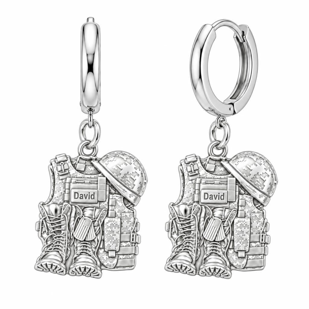Soldier's Gear Tribute Huggie Charm Earrings – silver, front view
