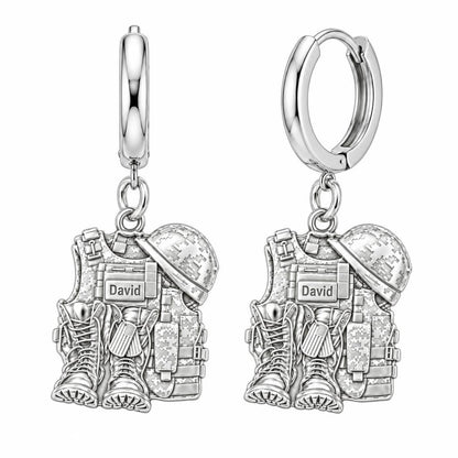 Soldier's Gear Tribute Huggie Charm Earrings – silver, front view