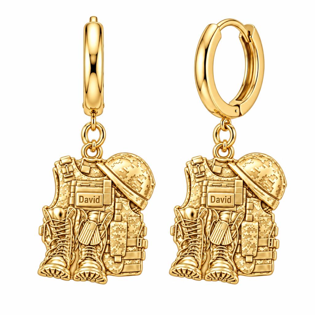 Soldier's Gear Tribute Huggie Charm Earrings – 18K gold, front view