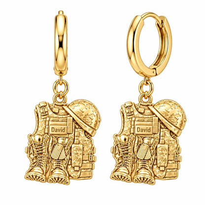 Soldier's Gear Tribute Huggie Charm Earrings – 18K gold, front view