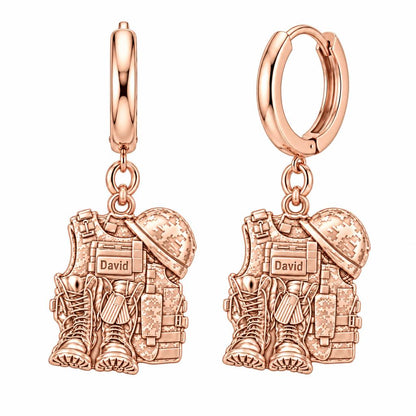 Soldier's Gear Tribute Huggie Charm Earrings – rose gold, front view