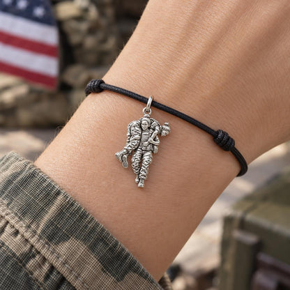 Soldier's Lifeline Charm Bracelet – Personalized Veteran Gift – worn on the wrist on a black cord bracelet