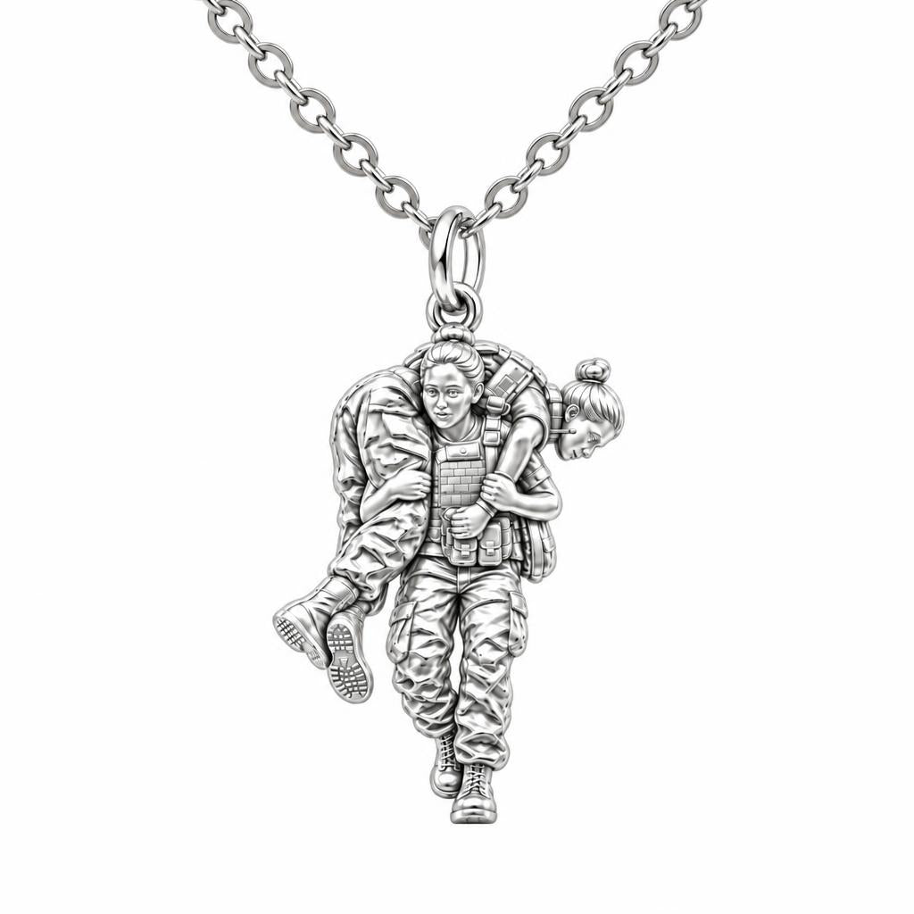 Soldier's Lifeline Charm Necklace Set – silver, front view
