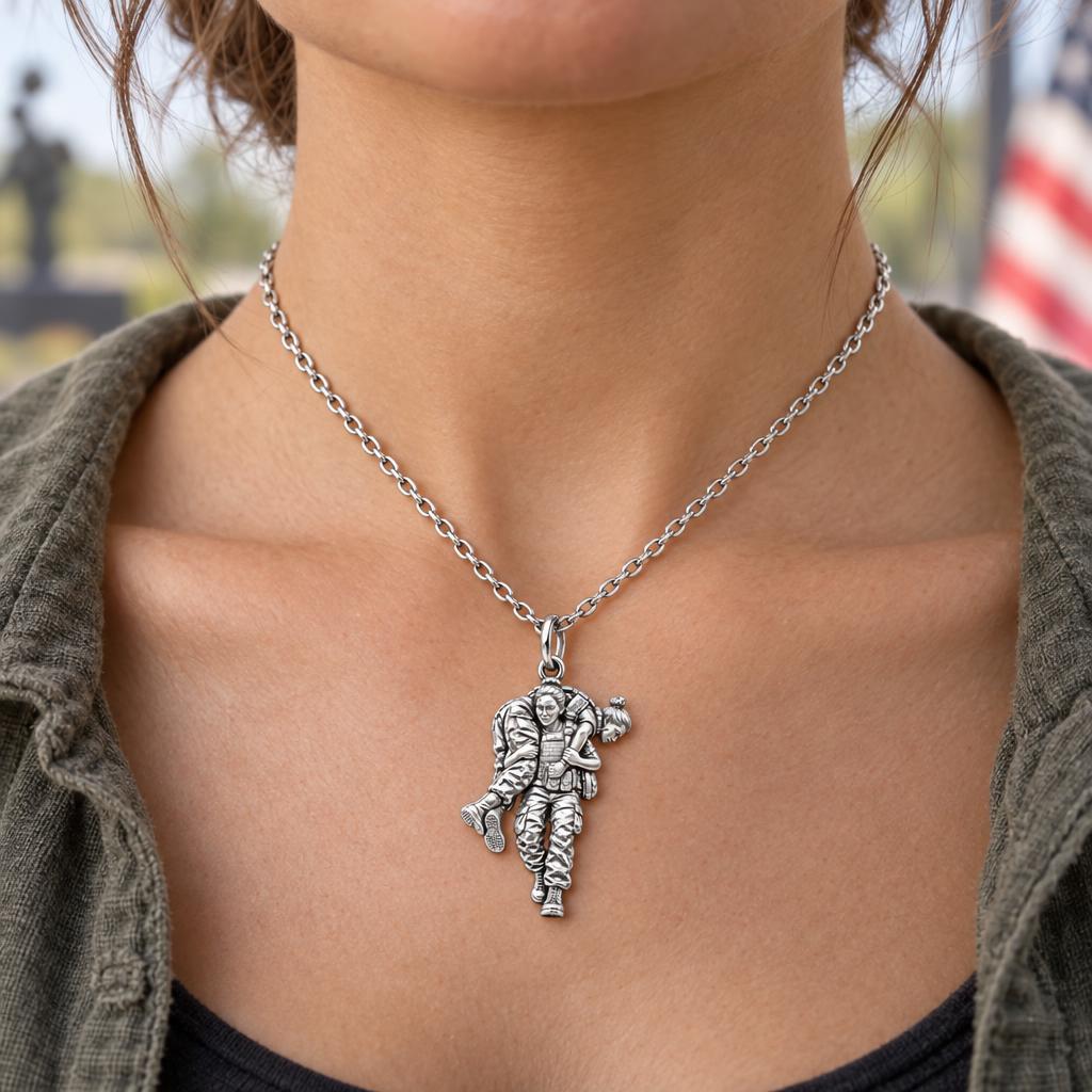 Soldier's Lifeline Charm Necklace Set – worn / in use