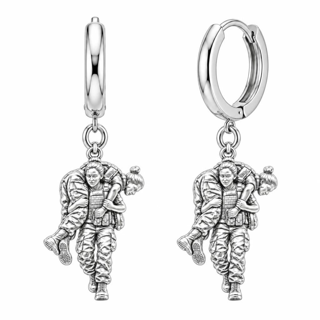 Soldier's Lifeline Huggie Charm Earrings – silver, front view
